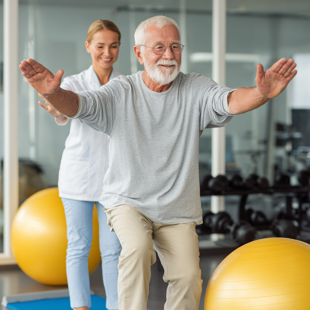 Smiling older European woman in comfortable fitness attire stretching peacefully in a modern gym setting