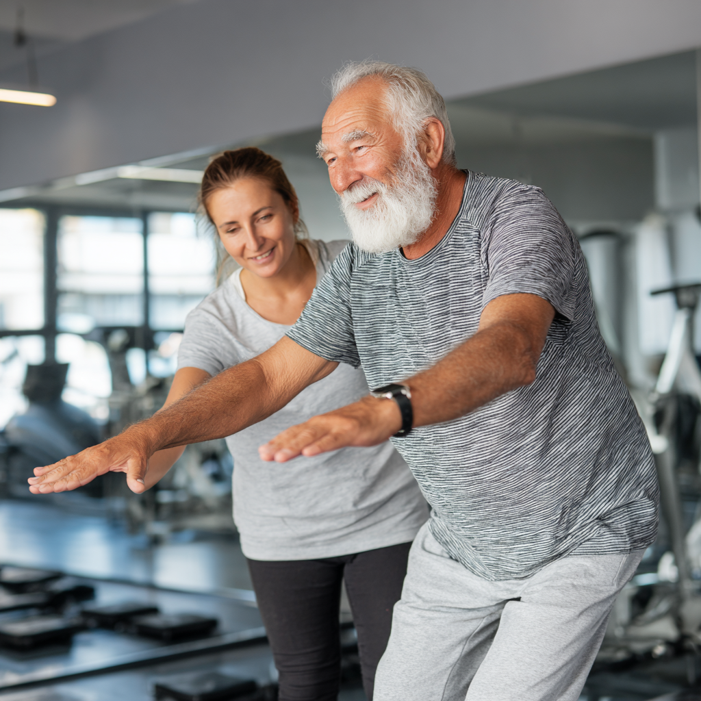 Smiling older European man preparing healthy colorful meal with fresh vegetables and proteins in a bright kitchen
