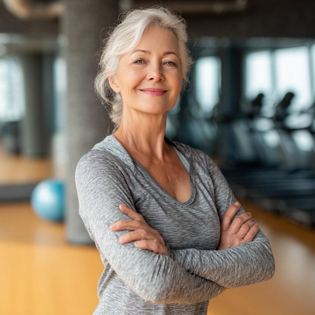 Peaceful older European woman meditating in yoga pose outdoors in natural sunlight with serene expression
